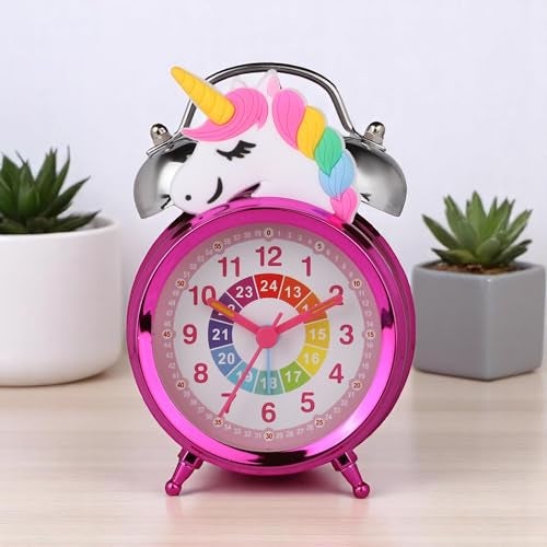 De'rons Twin Bell Analog Table Alarm Clock with Backlight for Heavy Sleepers Alarm Clock for Students Funny Cute Cartoon Unicorn Shape Alarm Clock for Girls Kids Boys Bedroom 12 x 8 cm (Pink) - Image 1