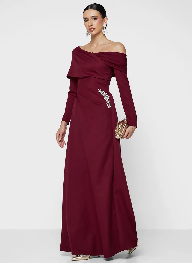 Namshi x Asymmetrical Neck Dress Wait Embellished Waist Detail