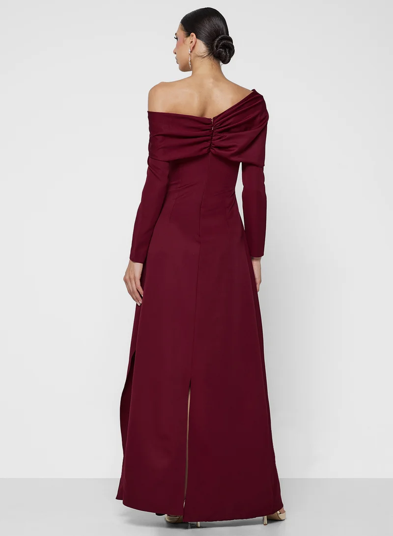 Namshi x Asymmetrical Neck Dress Wait Embellished Waist Detail