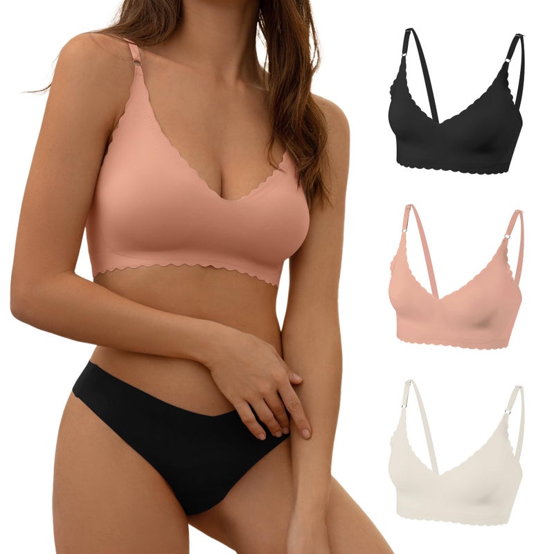 DEANGELMON Scalloped V Neck Padded Bralettes for Women Seamless Bra Adjustable Straps Everyday Comfortable Sleeping Bras(3P2,M) - Image 1