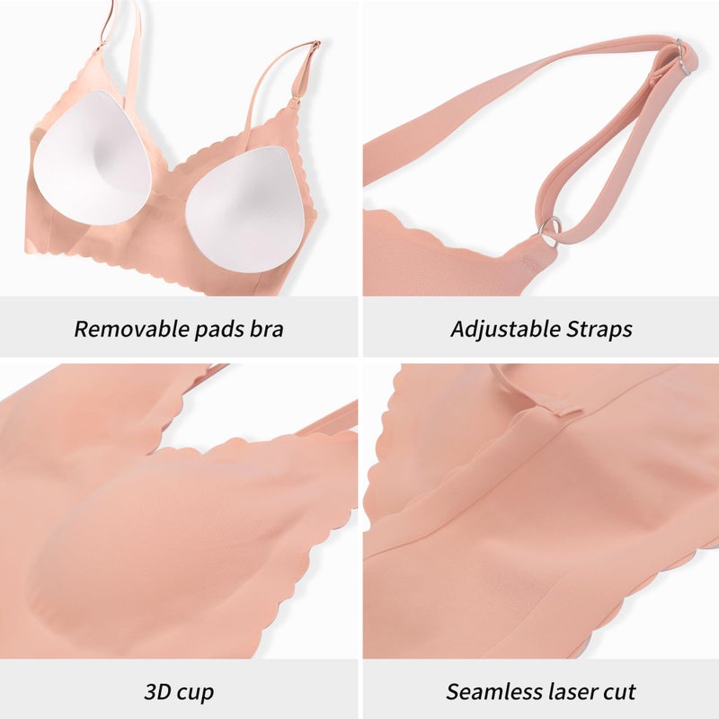 DEANGELMON Scalloped V Neck Padded Bralettes for Women Seamless Bra Adjustable Straps Everyday Comfortable Sleeping Bras(3P2,M) - Image 5