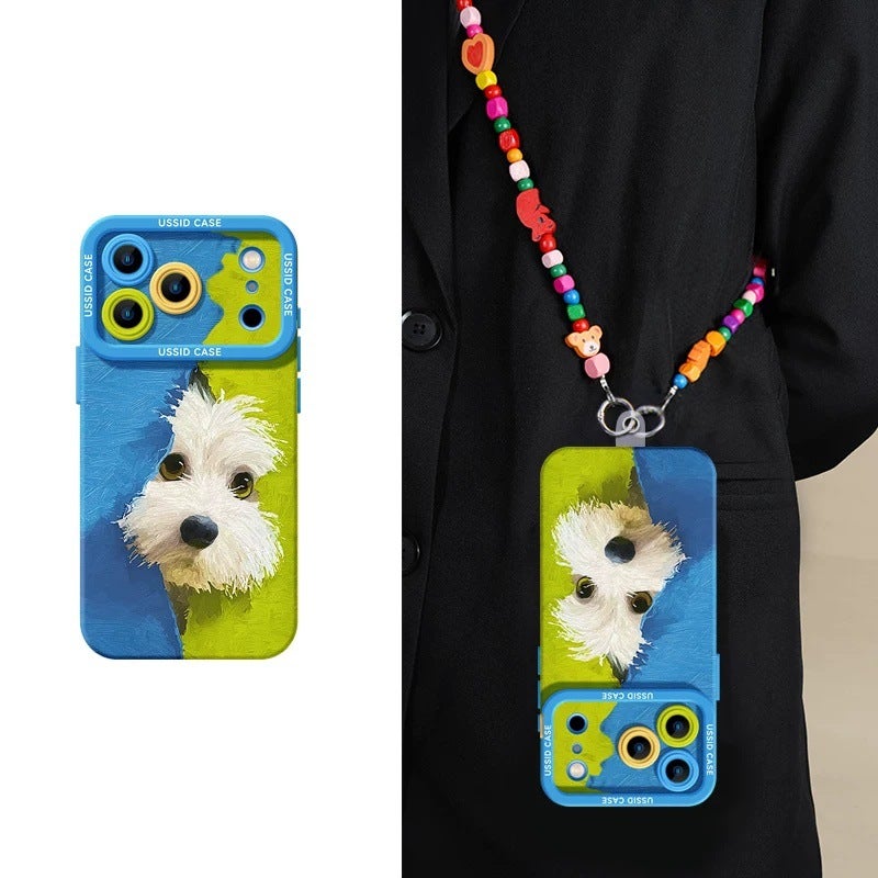 Cute Dog Camera Protection Soft Phone Case With Beaded Wrist Strap For iPhone 15 Plus - Blue/Green - Image 4
