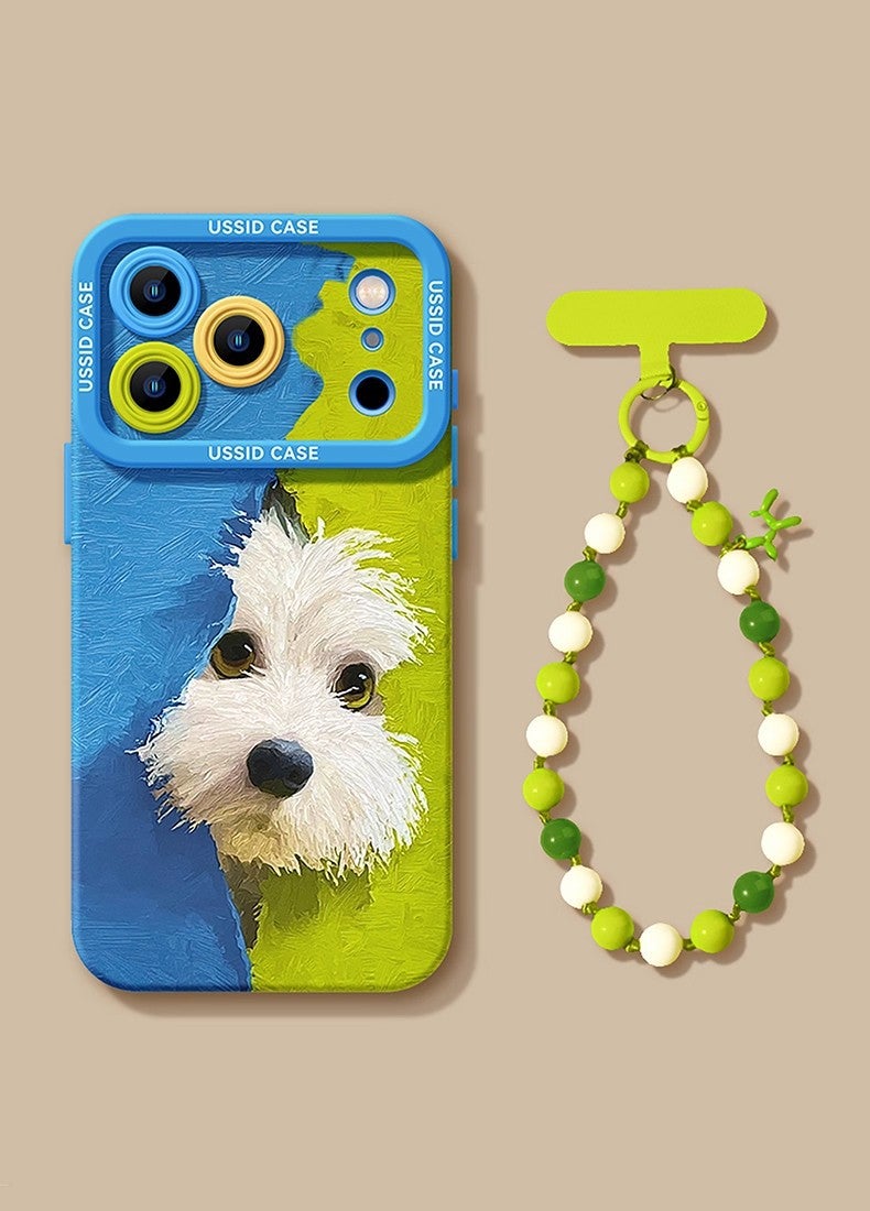 Cute Dog Camera Protection Soft Phone Case With Beaded Wrist Strap For iPhone 15 Plus - Blue/Green - Image 2