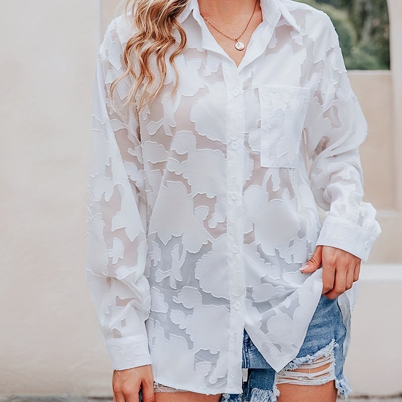 Niche Spring New Lace Fashion Long Sleeve Shirt Womens European and American Loose Casual Single Row Multi-button Chiffon Shirt Women White - Image 1