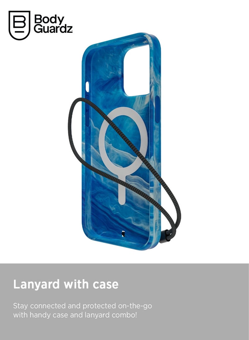Bodyguardz Carve Marble for iPhone 15 Pro MAX Case Cover with MagSafe with Lanyard - Blue/White - Image 2