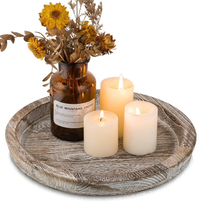 Hanobe Candle Plate Holder Tray Round Wooden Decorative Candle Plate Small Farmhouse Table Centerpiece Rustic Whitewash Wood Tealight Pillar Trays for Christmas Wedding Halloween Home Decor