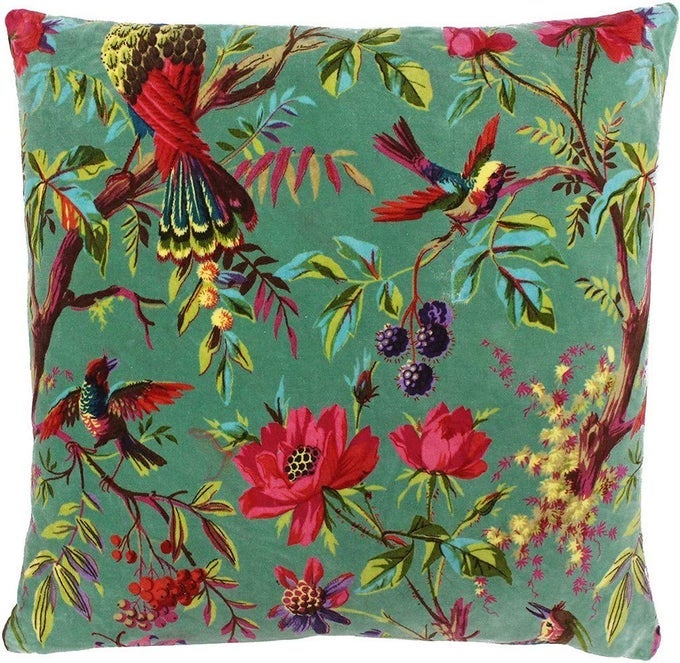 Riva Paoletti Paradise Square Cushion Cover Aqua Blue Colourful Bird Print Velvet Fabric Machine Washable 100 Cotton 50 x 50cm 20 x 20 inches