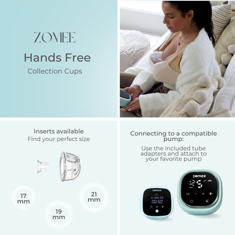 Zomee Wearable Two Silicone Hands Free Collection Cups, Holds up to 8 oz., 19mm 21mm and 24mm Soft Silicone Breast Shield Included, BPA and Phthalate Free - Image 3