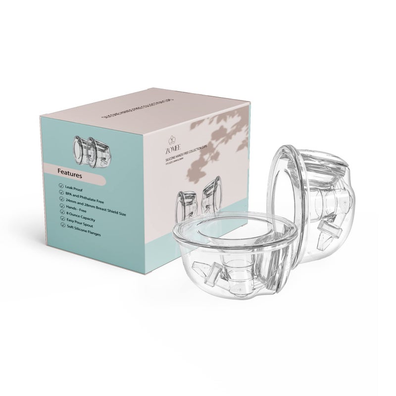 Zomee Wearable Two Silicone Hands Free Collection Cups, Holds up to 8 oz., 19mm 21mm and 24mm Soft Silicone Breast Shield Included, BPA and Phthalate Free - Image 1