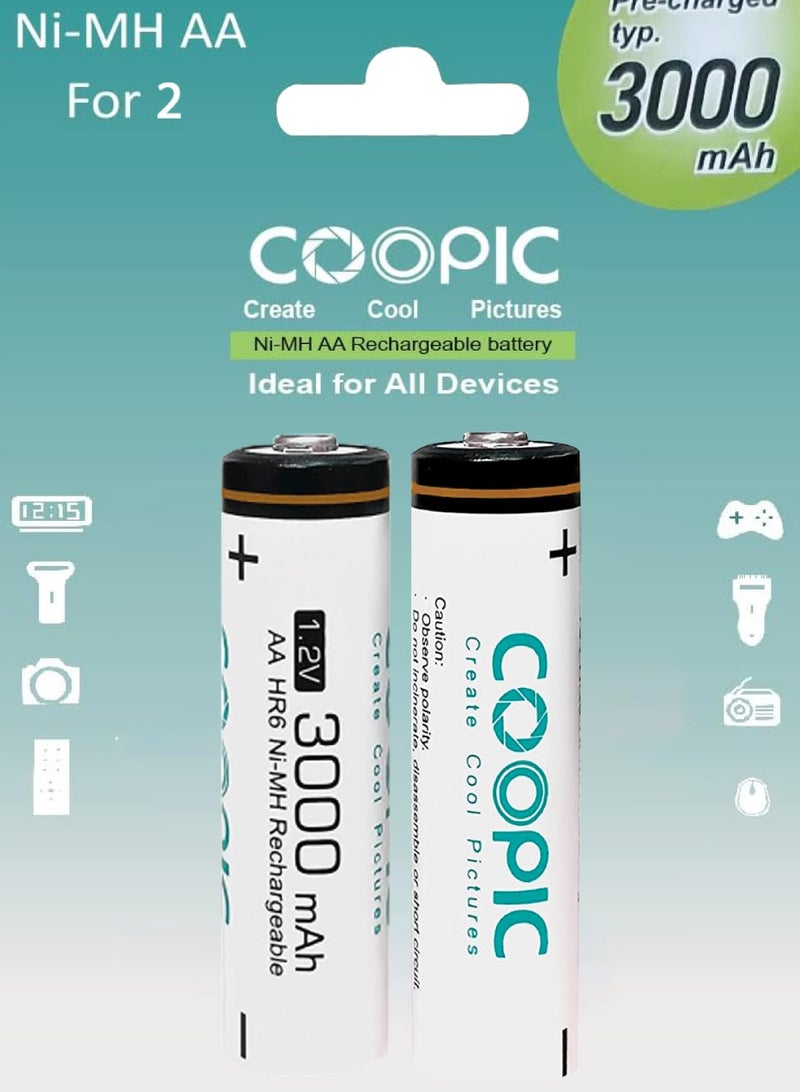 Coopic 2pcs 3000mAh AA HR6 Ni-MH Pre-charged type Rechargeable Battery - Image 1