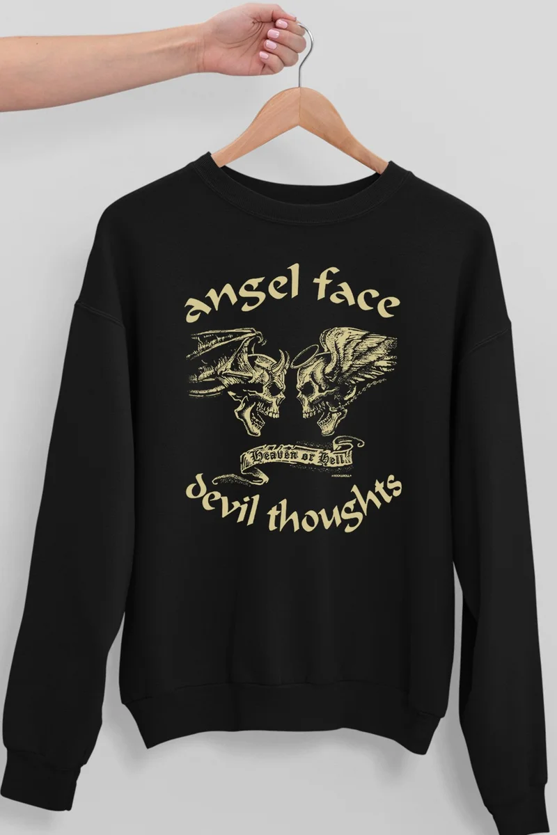 روك اند رول Long Angel Devil Black Oversize Crew Neck Thick Women's Sweatshirt