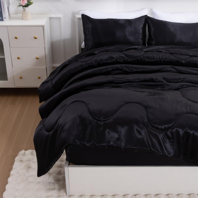 A Nice Night Satin Silky Soft Quilt Sexy Luxury Super Soft Microfiber Bedding Comforter Set Light Weighted Black King