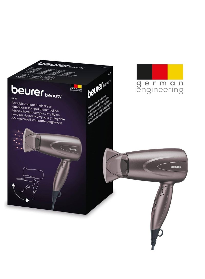 بيورير مجفف شعر بيورير HC 17، مجفف شعر صغير الحجم مع وظيفة قابلة للطي، مستويين للحرارة والنفخ، 1300 واط، حماية من الحرارة الزائدة وقطعة فم احترافية، مجفف شعر قابل للطي أثناء السفر مع حلقة تعليق - Image 1
