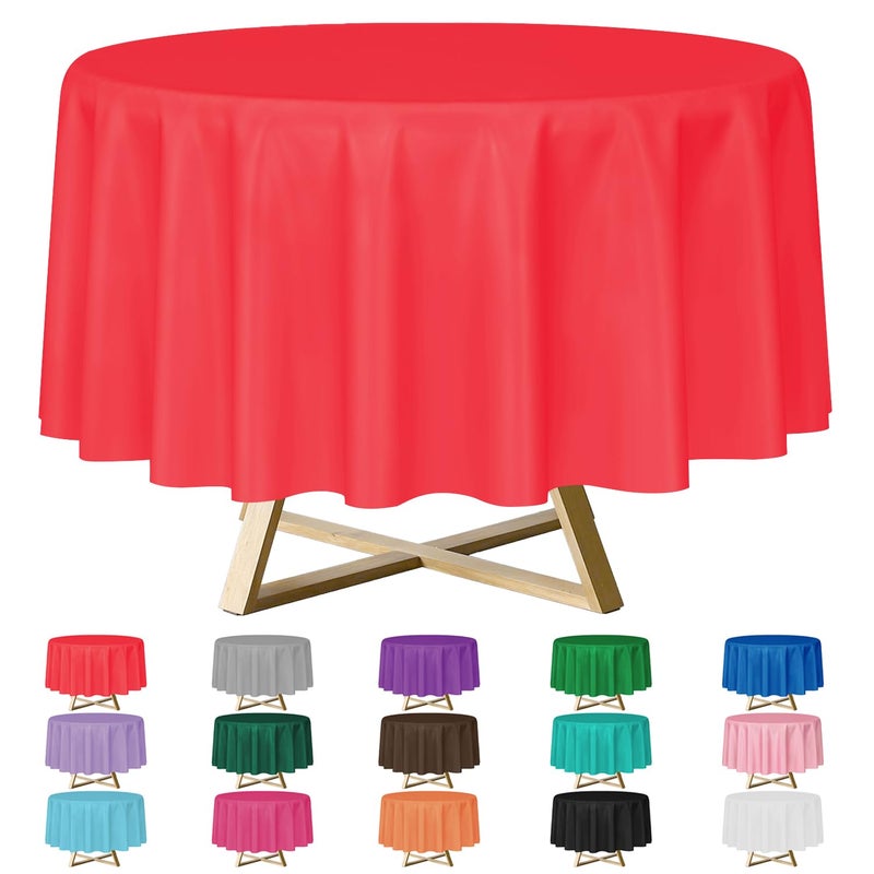 YSYJ 12 Pack Red 84 Inch Disposable Plastic Tablecloths Round Table Cloth Plastic Table Cover for Parties - Image 1