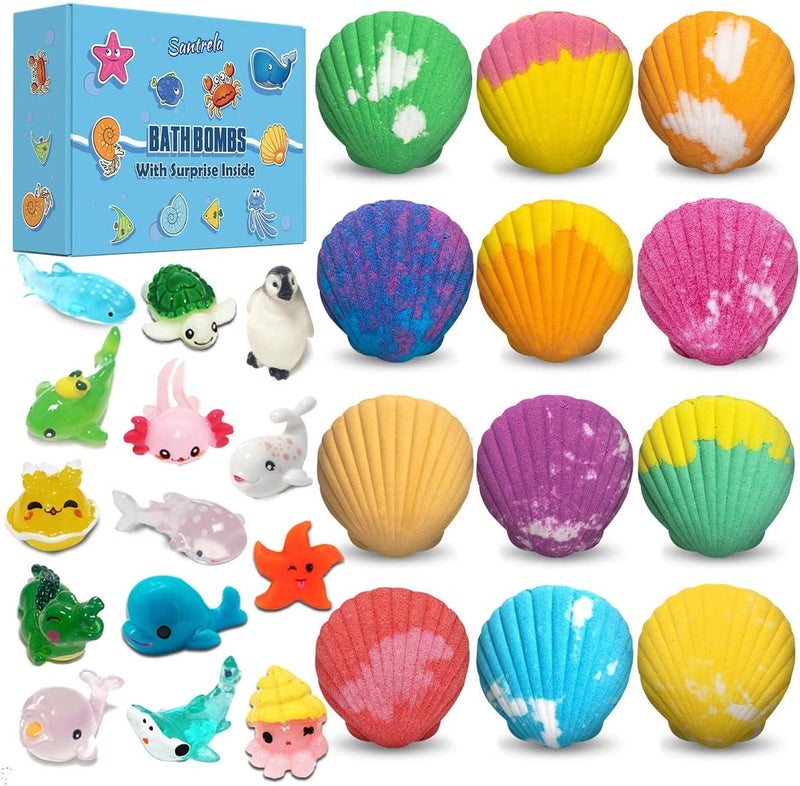 Bath Bombs for Kids with Surprise Toys Inside 12 Pack Shell Kids Bath Bombs Gift Set for Girls Boys Birthday Easter Christmas Halloween Handmade Organic Bath Fizzy Bomb with Sea Animal for Child