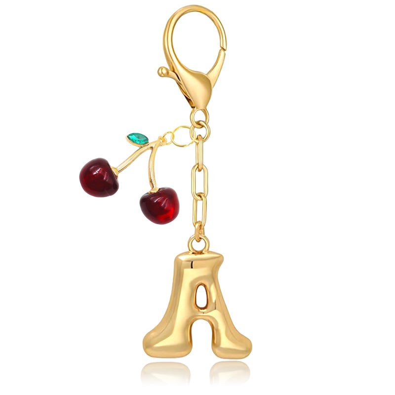 Yonuni Bubble Initial Keychain with Cherry - Gold Letter Bag Charms for Women, Cute Purse Handbag Accessories Gift for Birthday Christmas (A) - Image 1