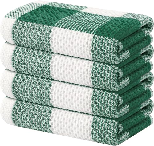 Homaxy 100 Cotton Waffle Weave Check Plaid Kitchen Towels 13 x 28 Inches Super Soft and Absorbent Dish Towels for Drying Dishes 4Pack White Dark Green - Image 1