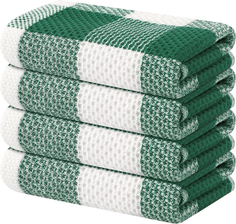 Homaxy 100 Cotton Waffle Weave Check Plaid Kitchen Towels 13 x 28 Inches Super Soft and Absorbent Dish Towels for Drying Dishes 4Pack White Dark Green - Image 2