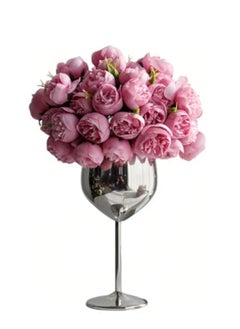 Arabest Set of 1 Faux Silk Peonies Flowers in Vase, 1 Goblets and 1 Bunches of Small Peonies, Fake Flowers with Vase for Home Indoor Centerpiece Table Wedding Decoration  - Image 1