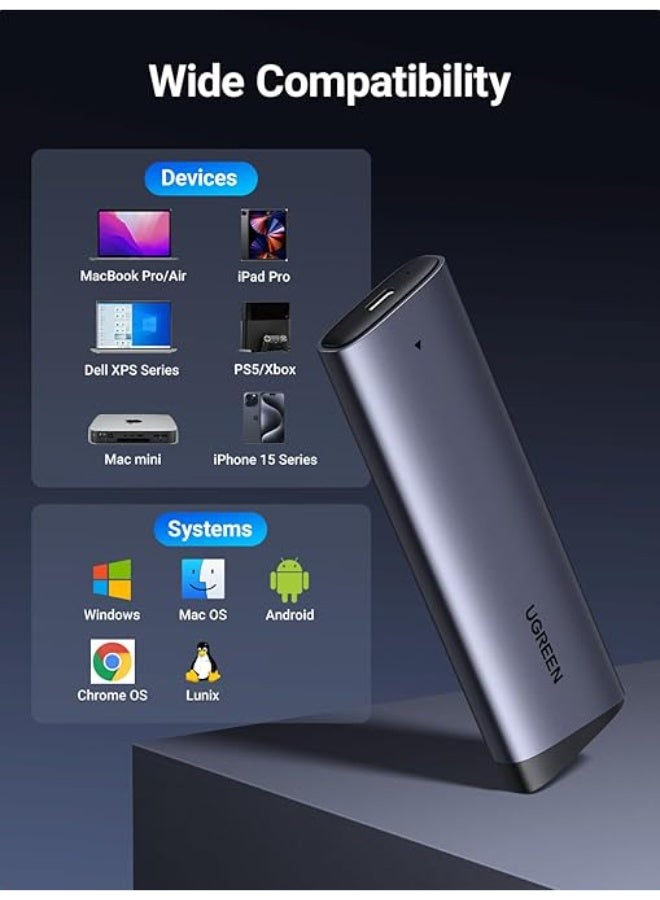 UGREEN NVME Enclosure, M.2 NVME SSD Enclosure USB 3.2 10 Gbps for NVMe PCIe M-Key/M+B Key in 2230/2242/2260/2280 with USB CC and AC Cable, Tool-free - Image 4