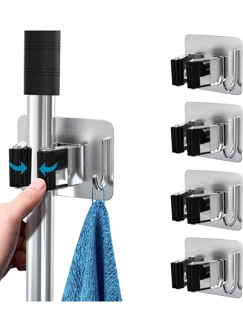 Mop Broom Holder No Drill, Mop Broom Organizer Wall Mounted Heavy Duty with Hooks Hanger, Self Adhesive Stainless Steel 4Pcs for Bathroom, Kitchen, Office (Grey) - Image 1