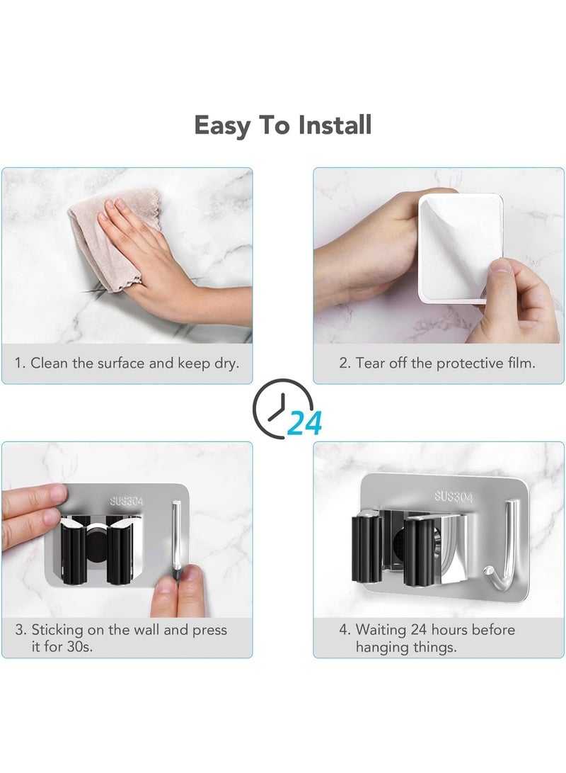 Mop Broom Holder No Drill, Mop Broom Organizer Wall Mounted Heavy Duty with Hooks Hanger, Self Adhesive Stainless Steel 4Pcs for Bathroom, Kitchen, Office (Grey) - Image 2