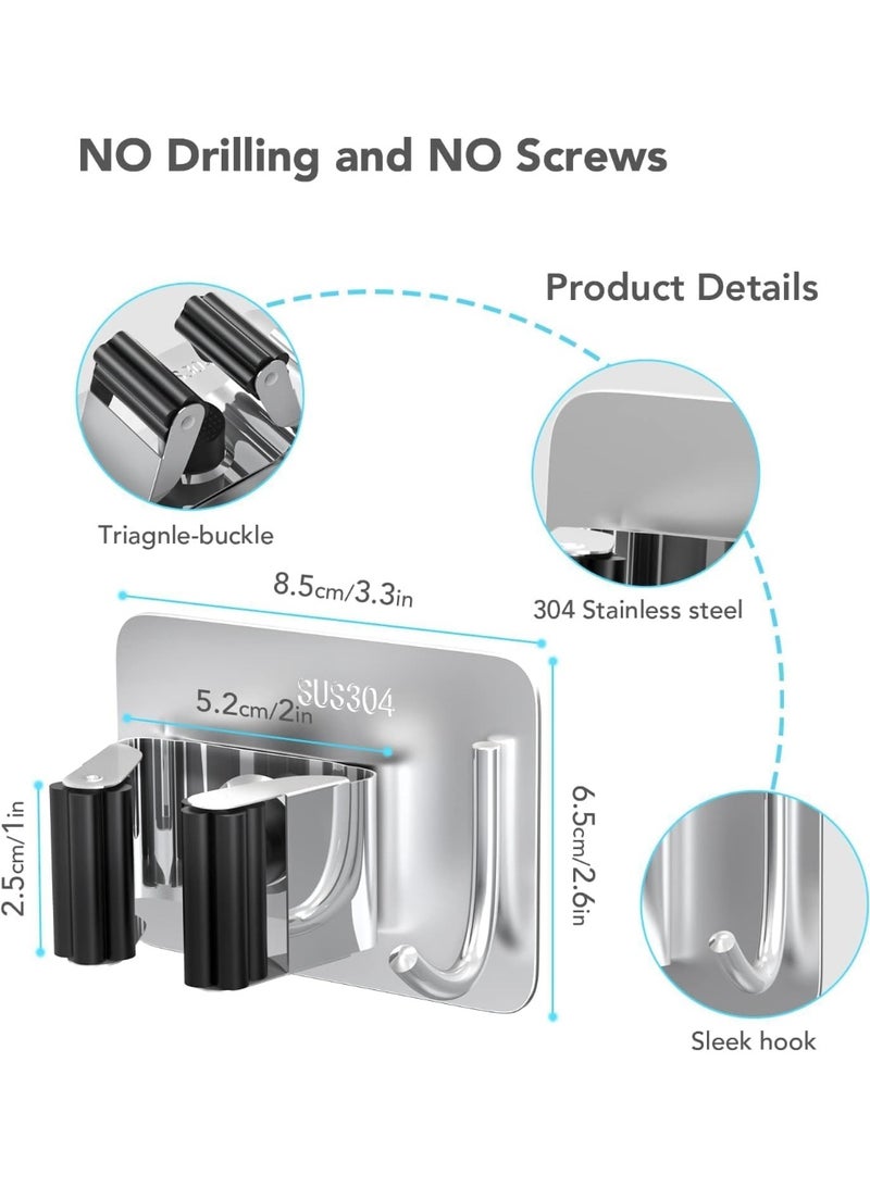 Mop Broom Holder No Drill, Mop Broom Organizer Wall Mounted Heavy Duty with Hooks Hanger, Self Adhesive Stainless Steel 4Pcs for Bathroom, Kitchen, Office (Grey) - Image 5
