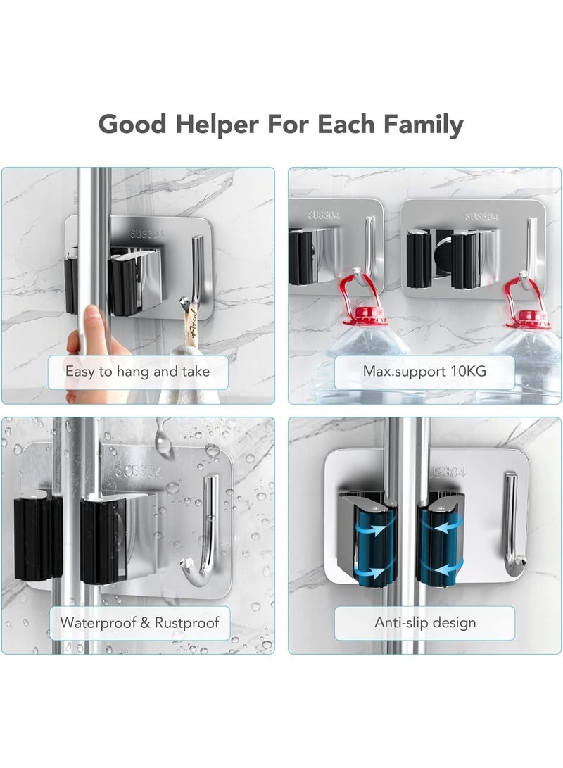 Mop Broom Holder No Drill, Mop Broom Organizer Wall Mounted Heavy Duty with Hooks Hanger, Self Adhesive Stainless Steel 4Pcs for Bathroom, Kitchen, Office (Grey) - Image 3