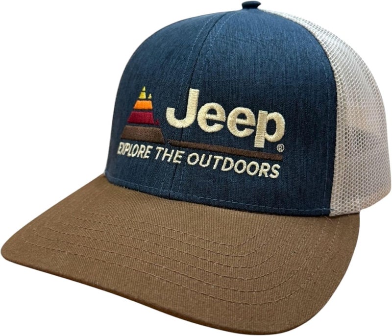Jeep Jeep Explore The Outdoors Trucker Hat  Heather NavyKhakiBrown  Embroidered Logo Snapback Closure Mesh Back - Image 1