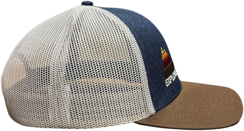 Jeep Jeep Explore The Outdoors Trucker Hat  Heather NavyKhakiBrown  Embroidered Logo Snapback Closure Mesh Back - Image 3