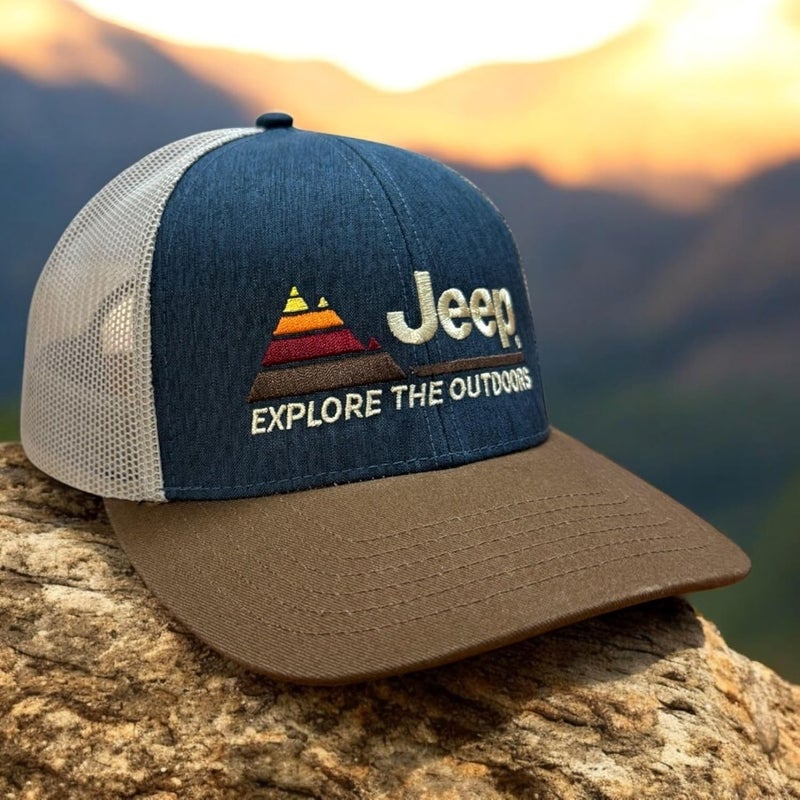 Jeep Jeep Explore The Outdoors Trucker Hat  Heather NavyKhakiBrown  Embroidered Logo Snapback Closure Mesh Back - Image 5