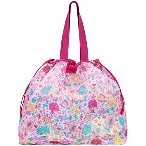 BrainyBees Extra Large Mesh Beach Bag with Drawstring Lightweight Foldable Sand Toy Bag for Beach Travel Essentials Seashell Rose Red - Image 1