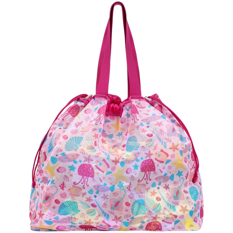 BrainyBees Extra Large Mesh Beach Bag with Drawstring Lightweight Foldable Sand Toy Bag for Beach Travel Essentials Seashell Rose Red - Image 2