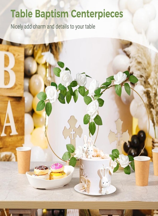 Lnrueg 48 Pcs Baptism Centerpieces for Tables - Baptism Table Decorations - 12 Wood Crosses, 12 Metal Floral Hoops with Stands, and 24 Foam Roses - Garland Strands Kit for Baptism Party, Wedding Decor - Image 3