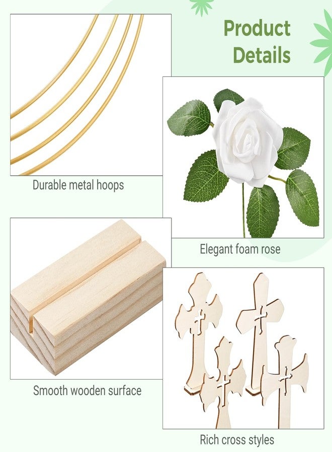 Lnrueg 48 Pcs Baptism Centerpieces for Tables - Baptism Table Decorations - 12 Wood Crosses, 12 Metal Floral Hoops with Stands, and 24 Foam Roses - Garland Strands Kit for Baptism Party, Wedding Decor - Image 5