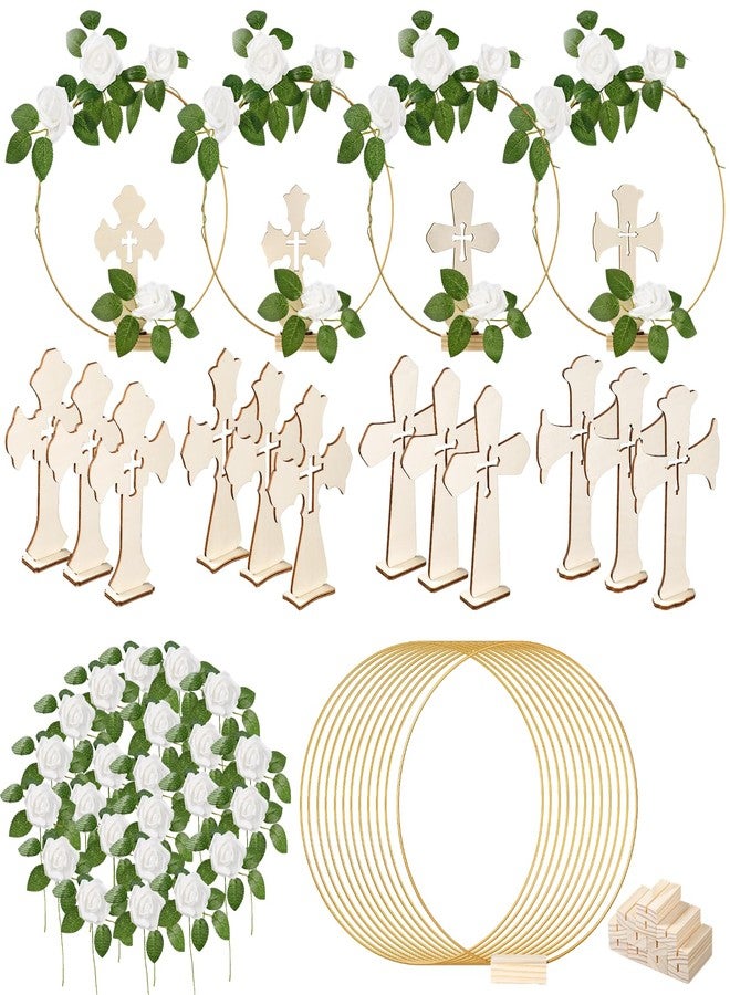 Lnrueg 48 Pcs Baptism Centerpieces for Tables - Baptism Table Decorations - 12 Wood Crosses, 12 Metal Floral Hoops with Stands, and 24 Foam Roses - Garland Strands Kit for Baptism Party, Wedding Decor - Image 1