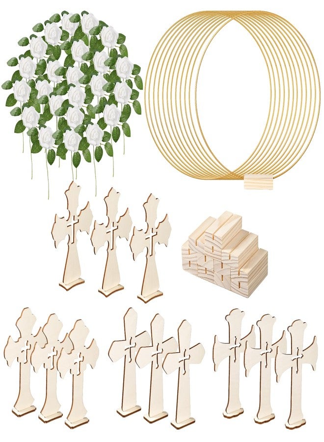 Lnrueg 48 Pcs Baptism Centerpieces for Tables - Baptism Table Decorations - 12 Wood Crosses, 12 Metal Floral Hoops with Stands, and 24 Foam Roses - Garland Strands Kit for Baptism Party, Wedding Decor - Image 2