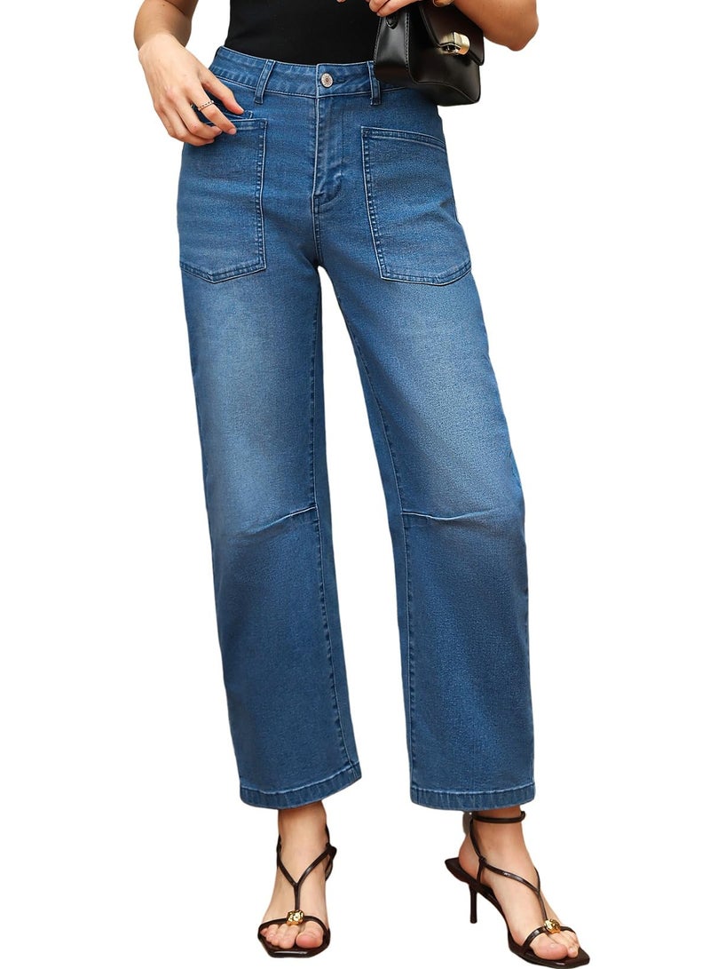 EVALESS Baggy Jeans for Women Trendy 2025 Casual Stretchy High Waisted Wide Leg Boyfriend Mom Barrel Jean Navy Blue Size 12 - Image 5