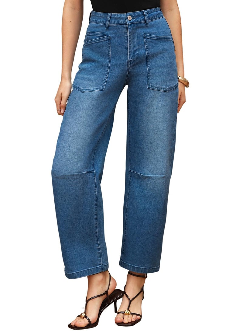 EVALESS Baggy Jeans for Women Trendy 2025 Casual Stretchy High Waisted Wide Leg Boyfriend Mom Barrel Jean Navy Blue Size 12 - Image 4