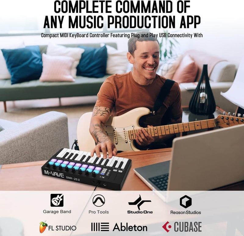 M ويف وحدة تحكم لوحة مفاتيح 25 مفتاح USB MIDI مع 16 وسادة طبلة مضاءة خلفيًا، لوحة مفاتيح ديناميكية احترافية نصف موزونة بلوتوث مع 8 مقابض وإنتاج موسيقي، يتضمن البرنامج (16 طبلة أسود) - Image 2