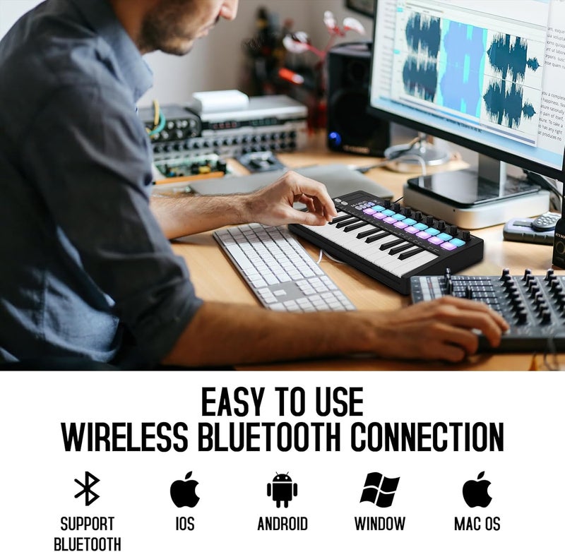 M ويف وحدة تحكم لوحة مفاتيح 25 مفتاح USB MIDI مع 16 وسادة طبلة مضاءة خلفيًا، لوحة مفاتيح ديناميكية احترافية نصف موزونة بلوتوث مع 8 مقابض وإنتاج موسيقي، يتضمن البرنامج (16 طبلة أسود) - Image 4