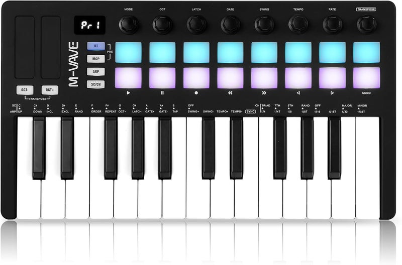 M ويف وحدة تحكم لوحة مفاتيح 25 مفتاح USB MIDI مع 16 وسادة طبلة مضاءة خلفيًا، لوحة مفاتيح ديناميكية احترافية نصف موزونة بلوتوث مع 8 مقابض وإنتاج موسيقي، يتضمن البرنامج (16 طبلة أسود) - Image 1