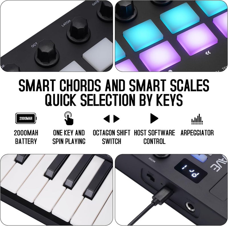 M ويف وحدة تحكم لوحة مفاتيح 25 مفتاح USB MIDI مع 16 وسادة طبلة مضاءة خلفيًا، لوحة مفاتيح ديناميكية احترافية نصف موزونة بلوتوث مع 8 مقابض وإنتاج موسيقي، يتضمن البرنامج (16 طبلة أسود) - Image 5