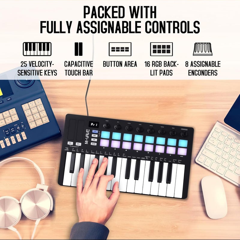 M ويف وحدة تحكم لوحة مفاتيح 25 مفتاح USB MIDI مع 16 وسادة طبلة مضاءة خلفيًا، لوحة مفاتيح ديناميكية احترافية نصف موزونة بلوتوث مع 8 مقابض وإنتاج موسيقي، يتضمن البرنامج (16 طبلة أسود) - Image 3