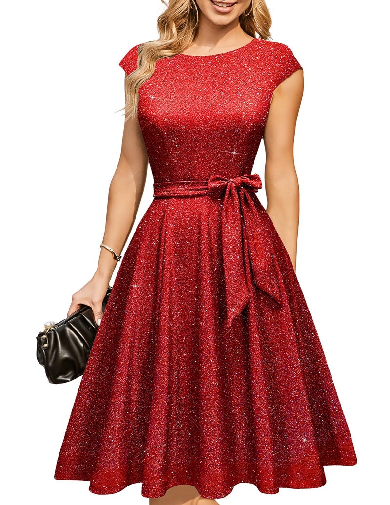 DRESSTELLS Red Dresses for Women Valentines Day Date Night Cocktail Party Formal Wedding Guest Sequin Sparkly Prom Gala Evening Gown Glitter Red XL - Image 1