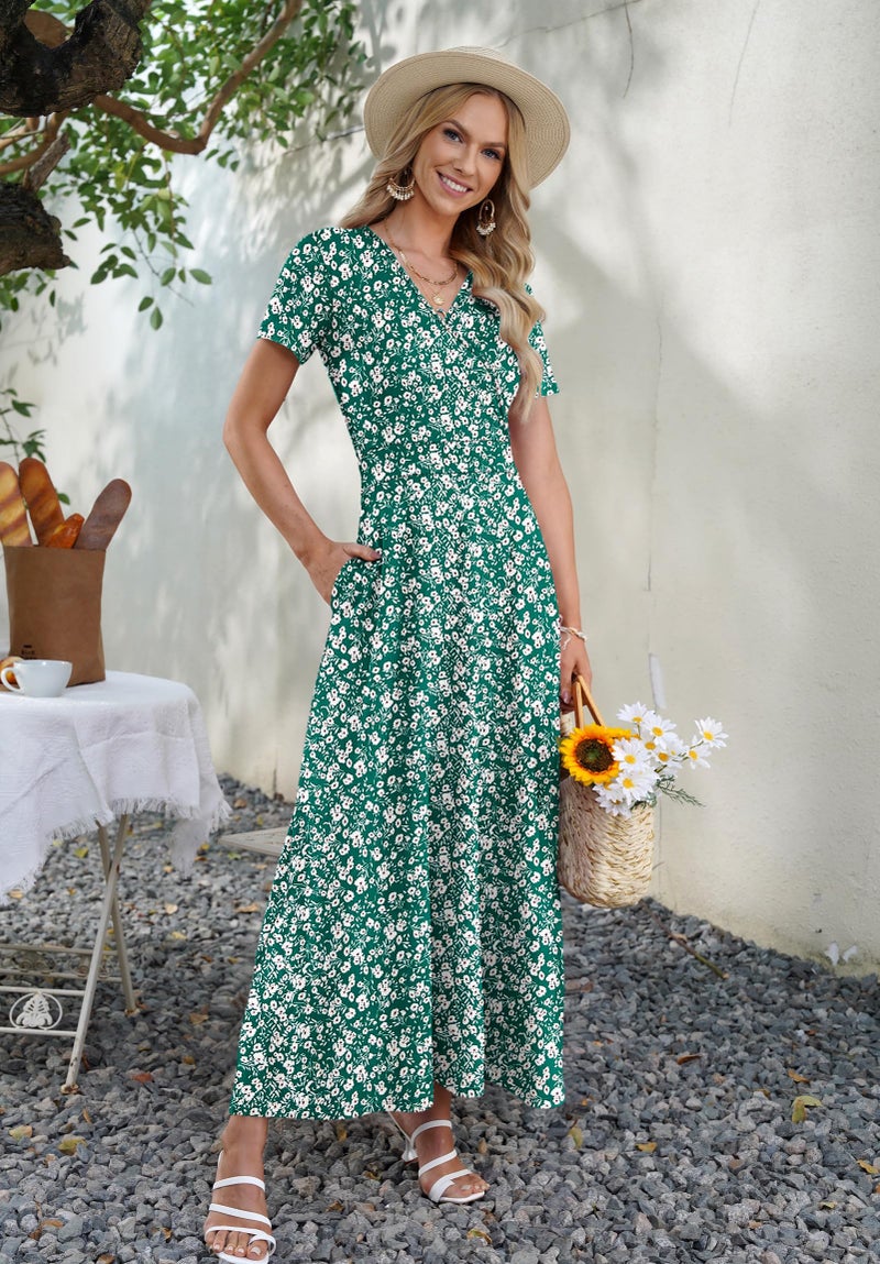 AUSELILY Maxi Dresses for Women Ankle Length Floral Print Beach Long Flowy Dress with Pockets Green Little Flower L - Image 5
