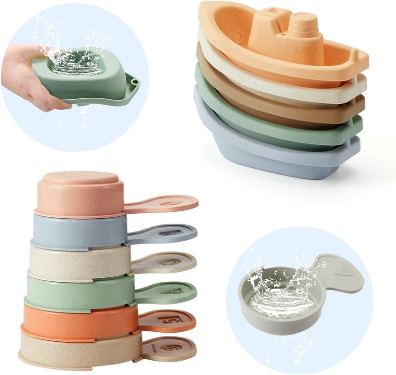 AMCHSURI Bath Toys Floating Boats with Bathing Spoon, 11 PCS Bathtub Mold Free Bath Toy for Babies Water Table Toys Toddler Birthday Gift for Preschool Boys/Girls - Image 1