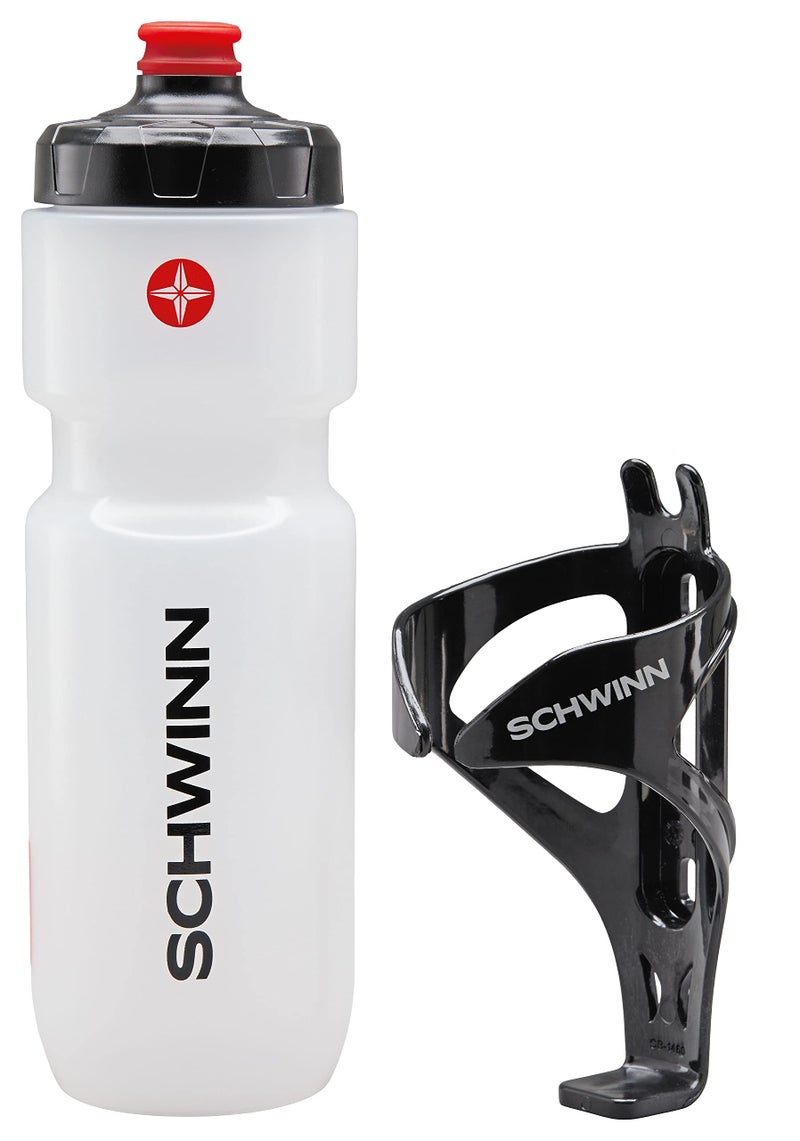 Schwinn Translucent Sport Water Bottle with Holder for Bicycle, 26 oz, BPA-Free, Dual-Stage Nozzle, Ergonomic Design, Cage Easily Mounts to Bike, Hydration Tracking, Bike Water Bottle Holder Combo - Image 1