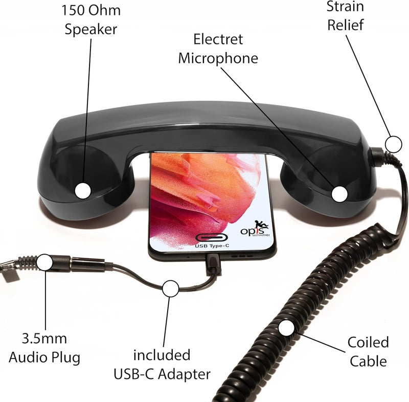 Opis Technology Opis 60s Micro : Retro Phone Handset with USB-C and AUX 3.5mm Plug as a Classic Vintage Telephone Receiver for Cell Mobile Phones (Black) - Image 3