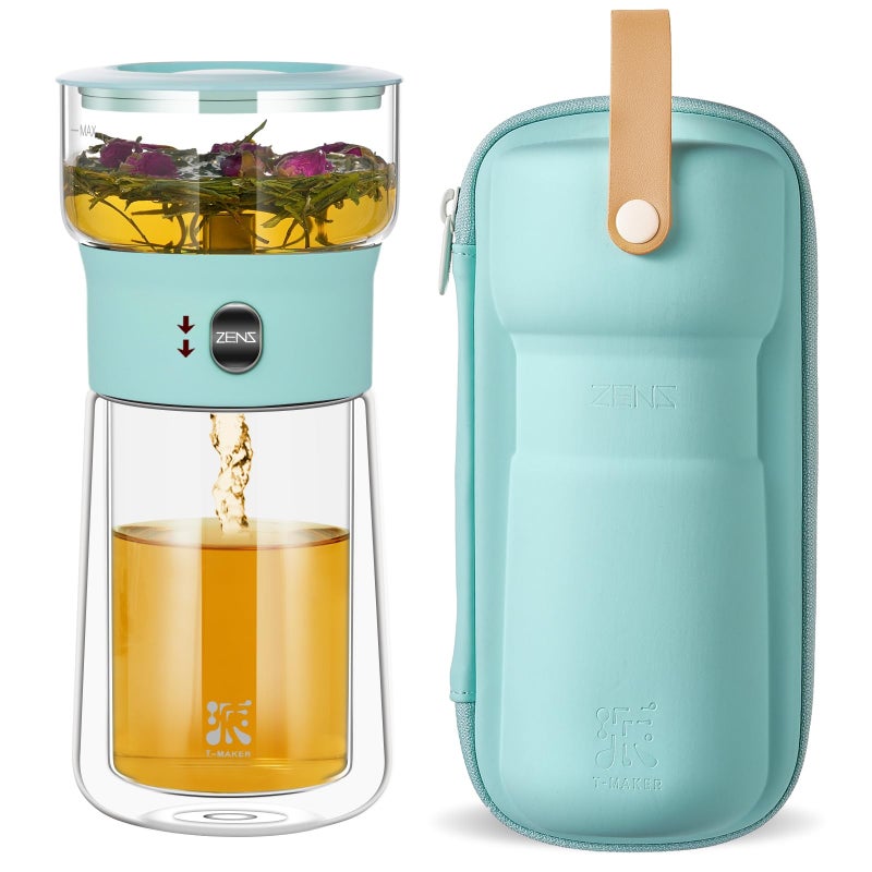 ZENS Modern Glass Tea Infuser Teapot, Smart One Touch Tea Maker for Loose Tea Diffusers with Insulated Mug and Cute Portable Tea Kits for Tea Lover Gifts - Image 1